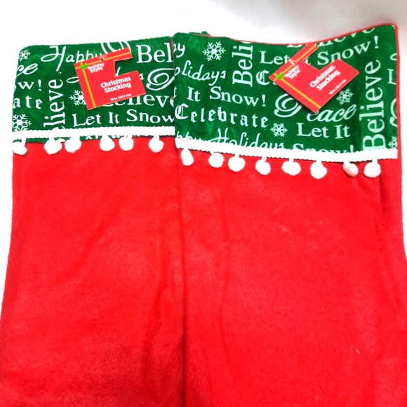 NWT 2 18" Felt Stockings with green cuff and ball trim with writing on cuff - Picture 2 of 4